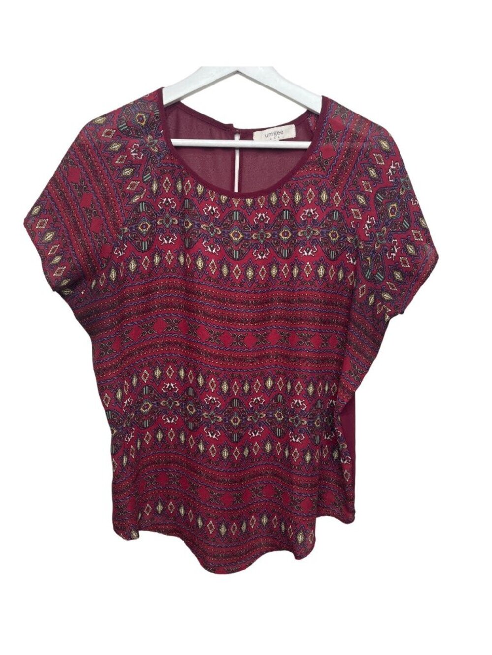 Umgee USA Womens Small Boho Peasant Blouse Red Sheer Top
